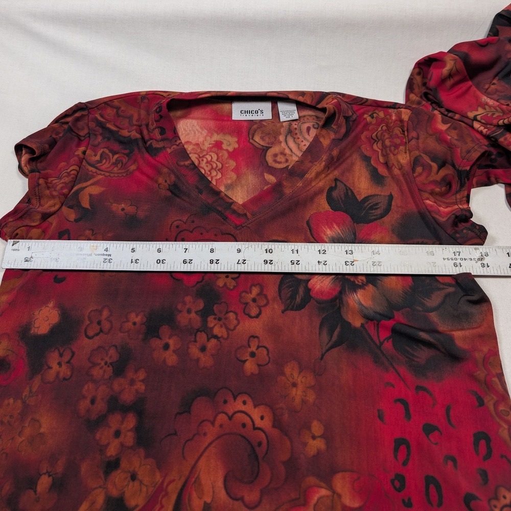 Chico's Womens Travelers 2 Piece Set Size 1 Red Paisley Floral V-Neck Pants - Picture 5 of 6